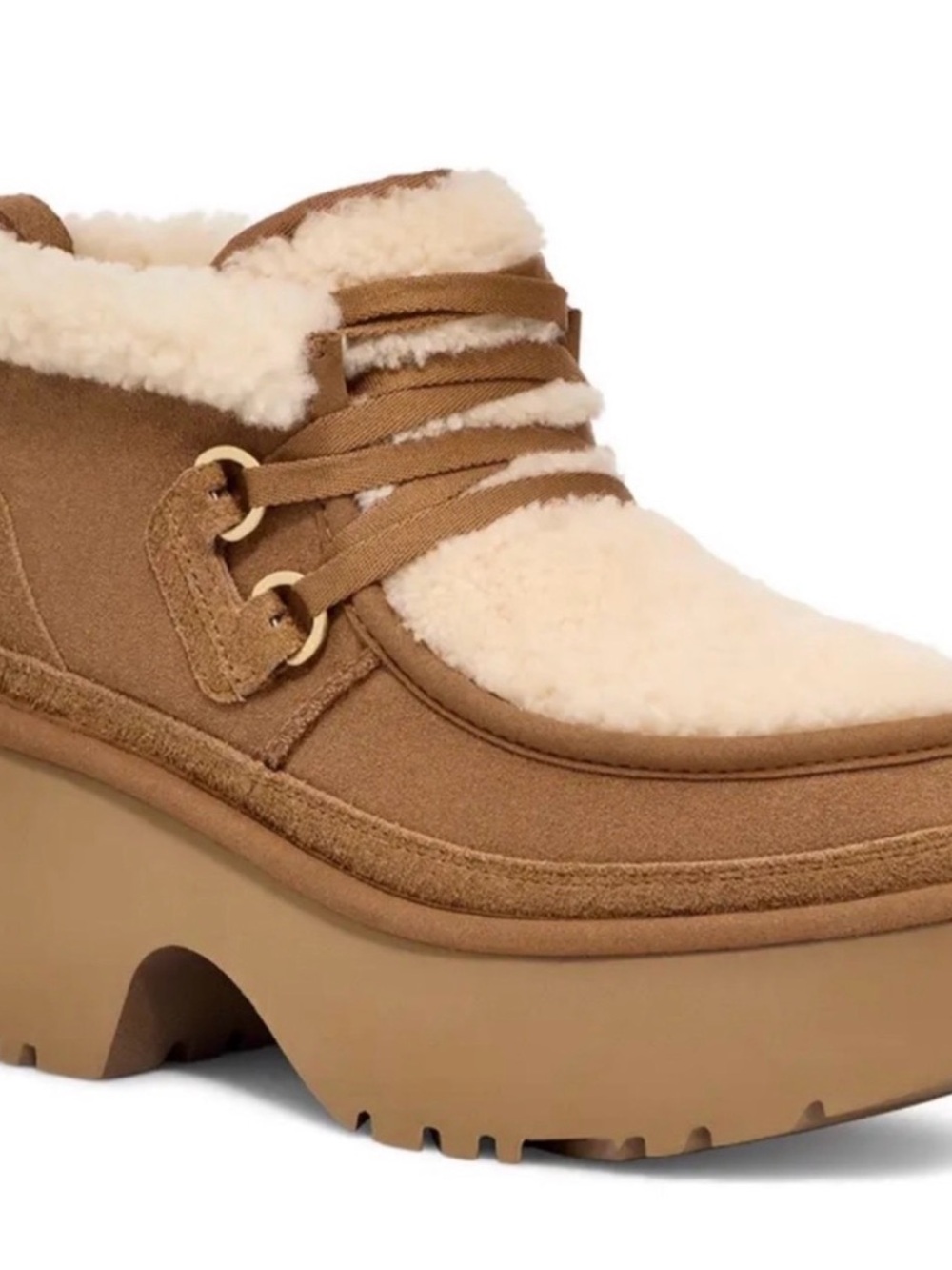 UGG Tan New Heights Lace-Up platform Boot with Cream Shearling
